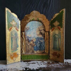 Vtg Florentine Triptych Religious Art St. Francis Preaching To Birds Green Gold